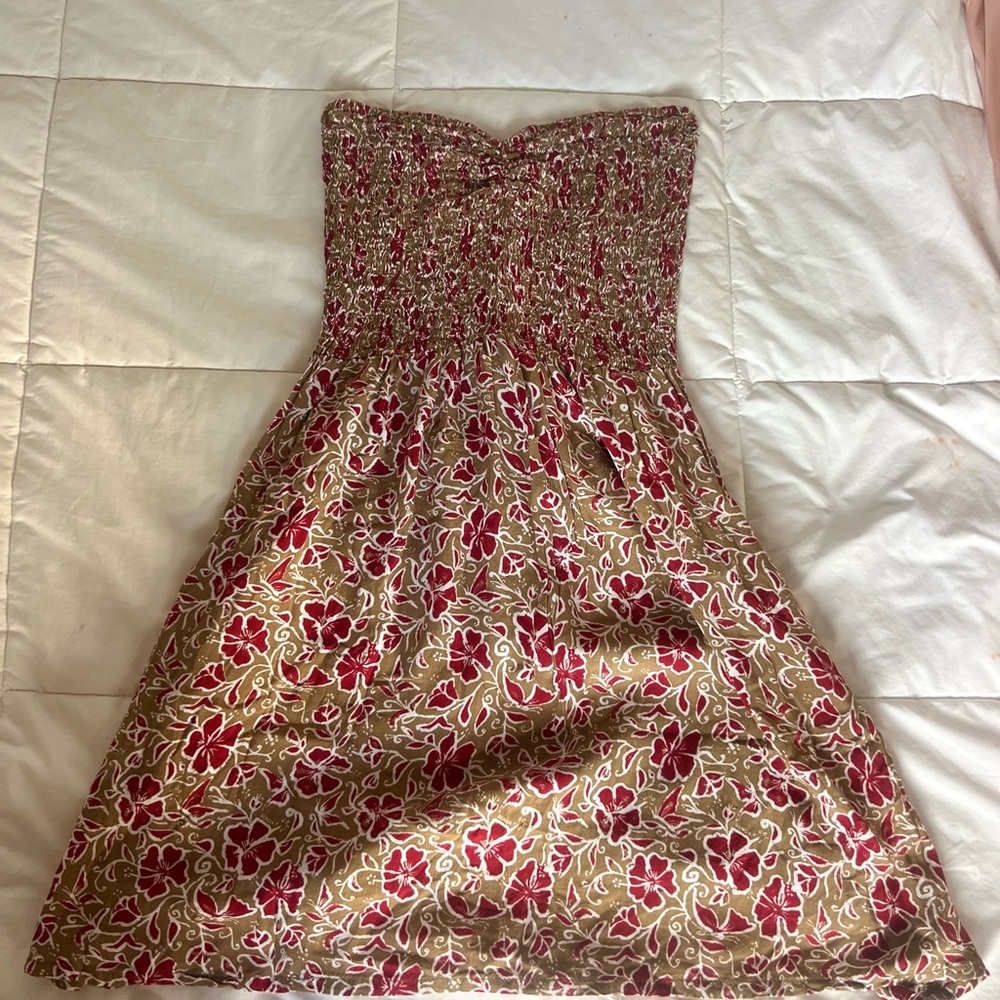 Strapless Floral Smocked Sundress in Red and Tan